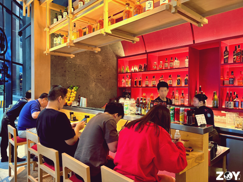 INOSHO bar counter with red accent lighting